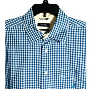 Nautica Mens 80s 2 Ply Cotton Gingham Button Shirt Long Sleeve Blue White Size L